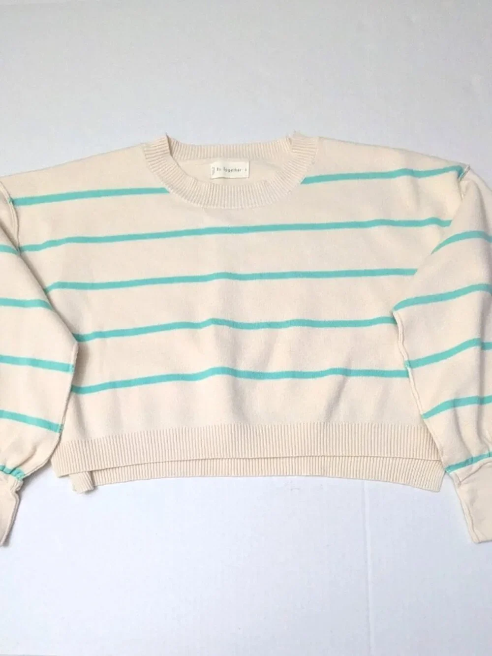 By Together Cream Teal Striped Knit Cropped Sweater Drop Shoulder Size S NWOT